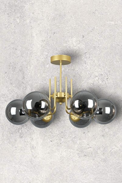 Fer Avize Tanya Modern Tasarım Mutfak - Salon - Yatak Odası - Tavan Eskitme Renk Füme Camlı 6 Lı Avize