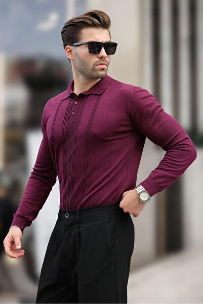 Madmext Mor Polo Yaka Çizgili Erkek Triko Kazak 7265