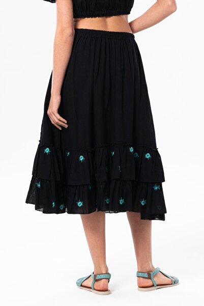 Eliş Şile Bezi Lavinya Voile Embroidered Long Summer Skirt Black Black