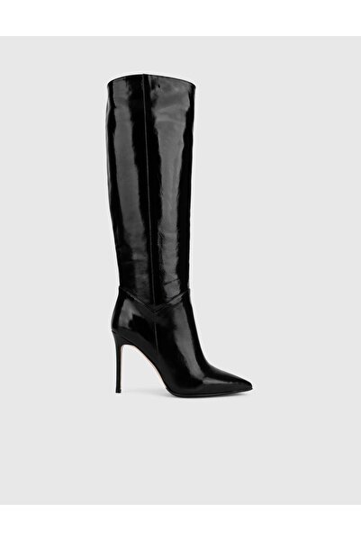 İLVİ Flin Hakiki Kırışık Rugan Deri Kadın Siyah Topuklu Çizme