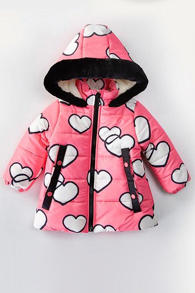 MDM Cute Heart Printed Baby Girl Coat - Plush Inside, Fur Pocket and Hood