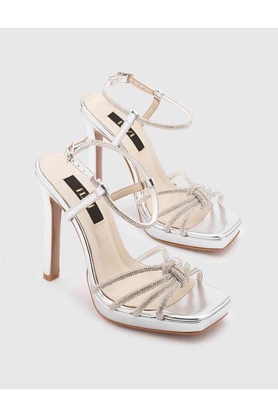 İLVİ Masako Genuine Leather Women's Silver Color Stone Heeled Sandals