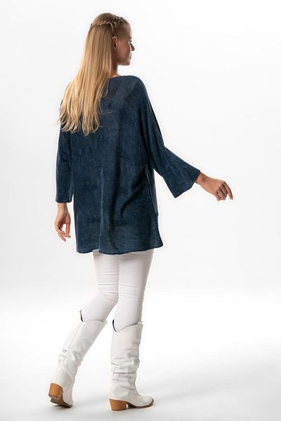Eliş Şile Bezi Asymmetric Cut Authentic Knitwear Blouse - Flare Sleeve, Hira Autumn and Winter, Indigo Indg