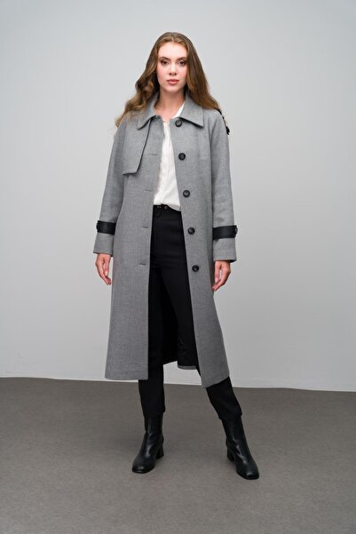 Olcay Gray Cashmere Coat - Genuine Leather, Waist Tied, Intermediate Size 3030-K