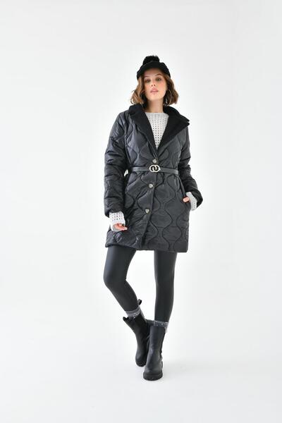 FTZ WOMEN Kadın Kürk Detay Kaban Siyah RBN4067