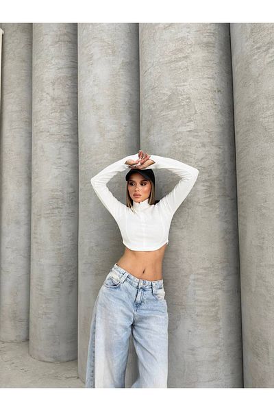 cropgezegeni Finger-Snap Half Zipper Long Sleeve Crop Top