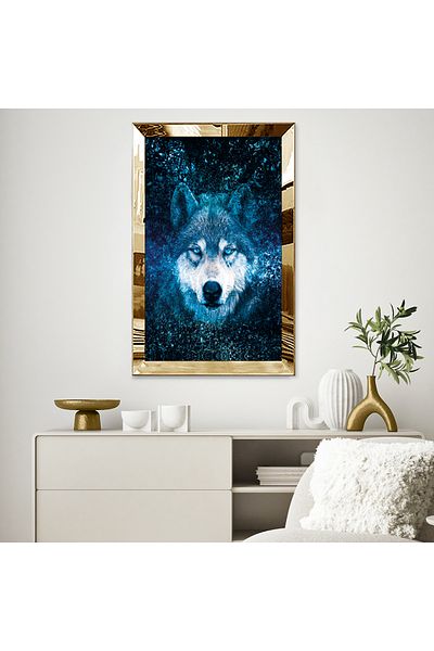 Zevahir Mobilya Dekorasyon Μονός τραπέζι MDF Blue-Eyed Wolf με χρυσό καθρέφτη από πλεξιγκλάς