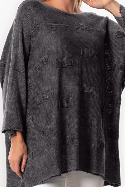 Eliş Şile Bezi Geniş Kol Hira Sonbahar ve Kışlık Asimetrik Kesim Otantik Triko Bluz Füme Fm