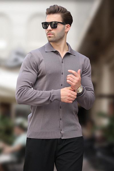 Madmext Dark Gray Polo Collar Striped Button Detailed Men's Sweater 7281