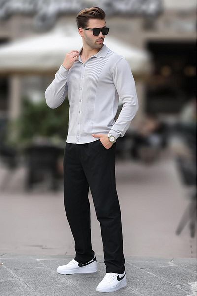 Madmext Light Gray Polo Collar Striped Button Detailed Men's Sweater 7281