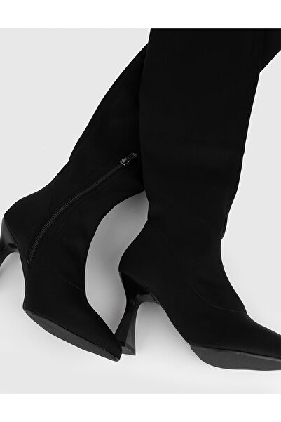 İLVİ Dart Hakiki Süet Deri Kadın Siyah Streç Kumaş Topuklu Çizme