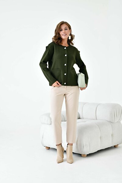 FTZ WOMEN Γυναικεία ζακέτα με λεπτομέρεια με μανίκια χακί 20807