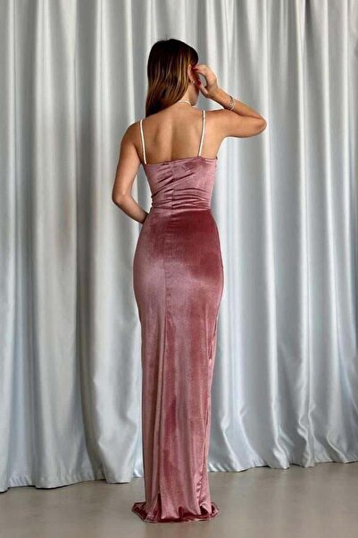 Deafox Λεπτομερές φόρεμα από ύφασμα βελούδινο γκλίτερ σε πούδρα