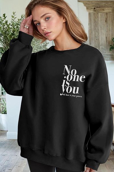 Pink Sky Women's Black No-One Printed 0 Crew Neck Oversize Loose Loose Cut Fleece Sweatshirt