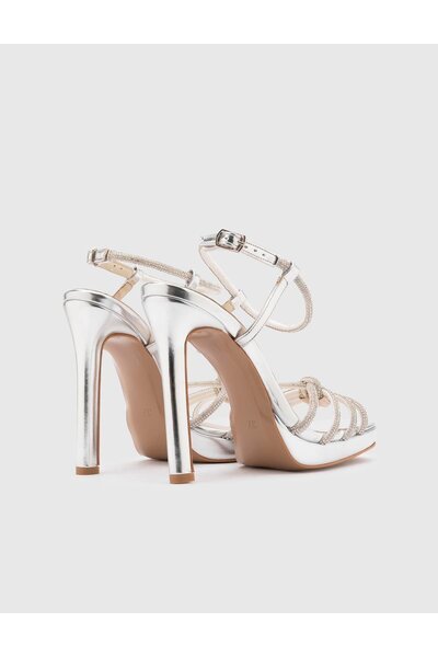 İLVİ Masako Genuine Leather Women's Silver Color Stone Heeled Sandals