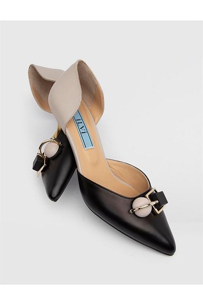 İLVİ Nurdey Genuine Leather Women's Black Beige Heeled Shoes