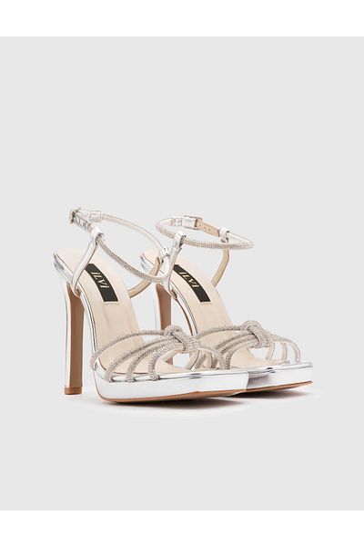 İLVİ Masako Genuine Leather Women's Silver Color Stone Heeled Sandals