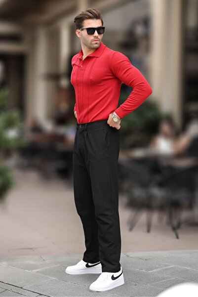 Madmext Kırmızı Polo Yaka Çizgili Erkek Triko Kazak 7265