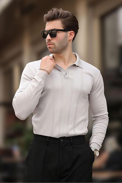 Madmext Gray Polo Collar Striped Men's Knitwear Sweater 7265