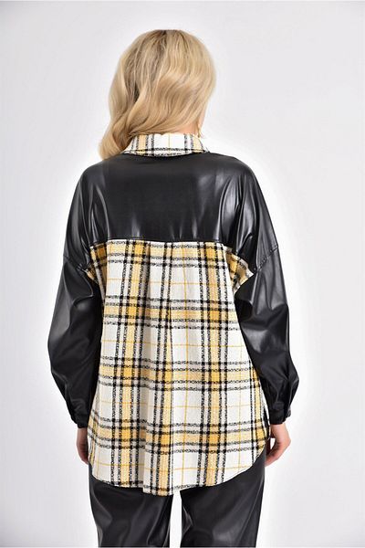 FTZ WOMEN Women's Leather Detail Plaid Jacket Black20222509