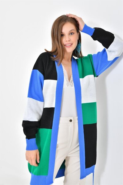 FTZ WOMEN Γυναικεία Τετράγωνη Λεπτομέρεια Μακριά Ζακέτα Μπλε 20105