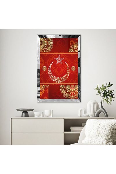 Zevahir Mobilya Dekorasyon Masa din MDF Moon Star Single cu cadru din plexiglas cu oglinda argintie si fundal rosu