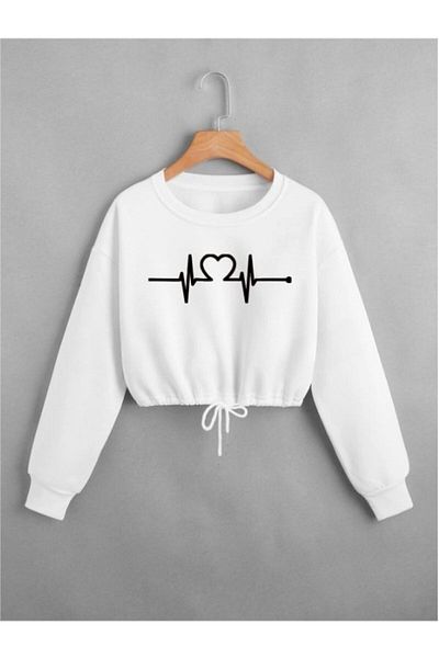 MOONBULL Rhythm Patterned Women's Oversize Crop Sweatshirt - Waist Lace-Up