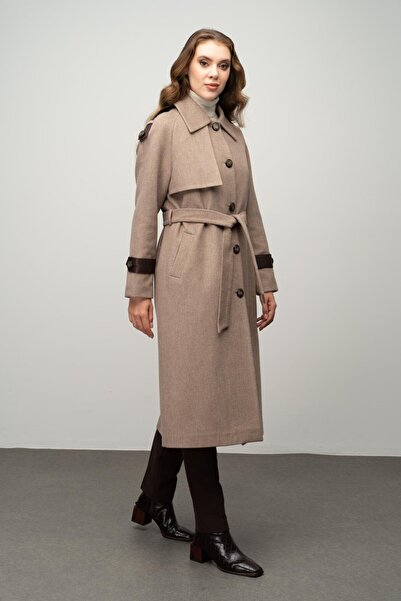 Olcay Kamel 3030-K - Intermediate Length Cashmere Coat with Genuine Leather Detail and Waist Ties