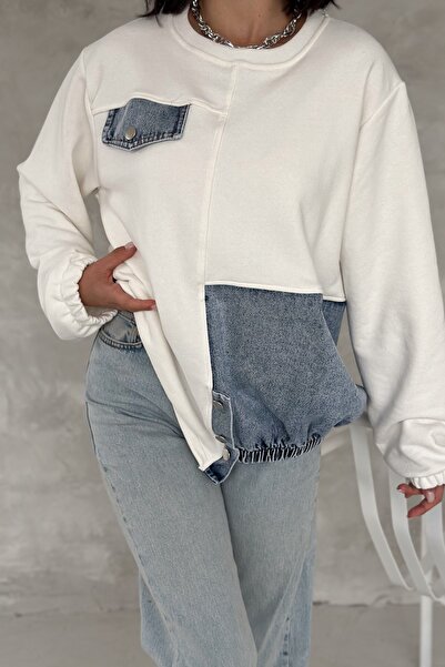 FEMELLE Women's White Denim Detailed Design Sweatshirt