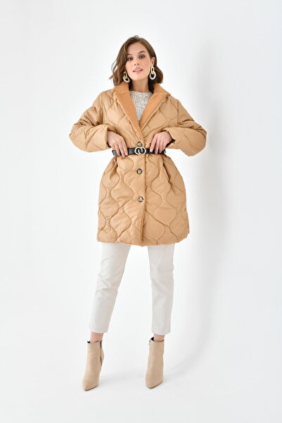 FTZ WOMEN Kadın Kürk Detay Kaban Camel RBN4067