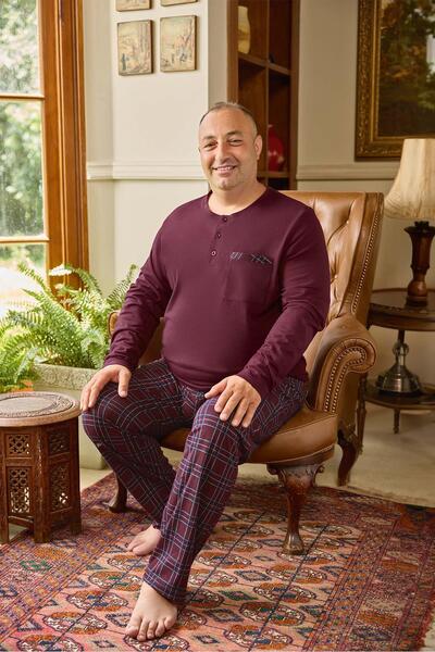 Aydoğan Costum de pijama din cireș pentru bărbați, mărime mare, cu decolteu O...