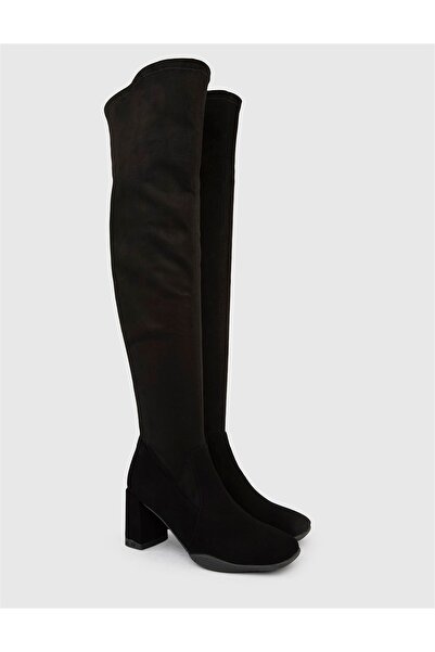 İLVİ Renta Hakiki Süet Deri Kadın Siyah Streç Topuklu Çizme