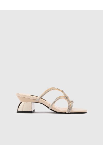 İLVİ Nerida Genuine Suede Leather Stoned Women's Silver Color Heeled Slippers