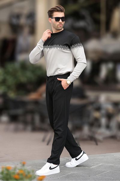 Madmext Pulover pentru bărbați, cu model negru, în două culori, cu gâtul turn, 7276