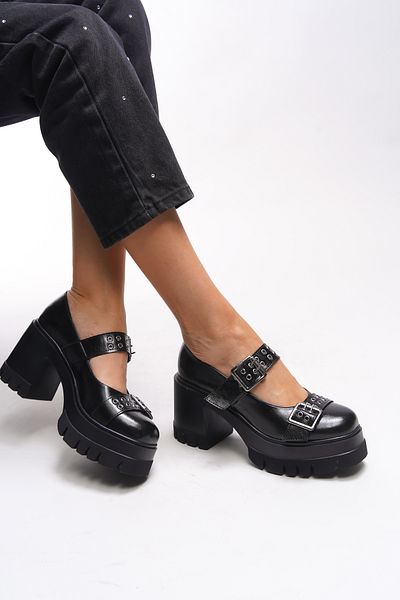 Riccon Γυναικείο Loafer με διπλή πόρπη Lirwenia με τακούνι 00121001   Μαύρο τσαλακωμένο λουστρίνι