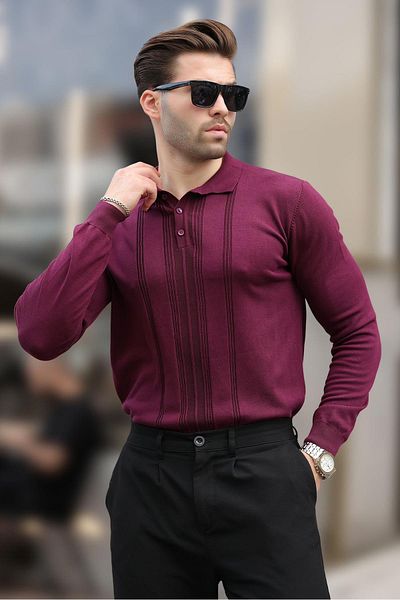 Madmext Ανδρικό πλεκτό πουλόβερ μωβ Polo Neck ριγέ 7265