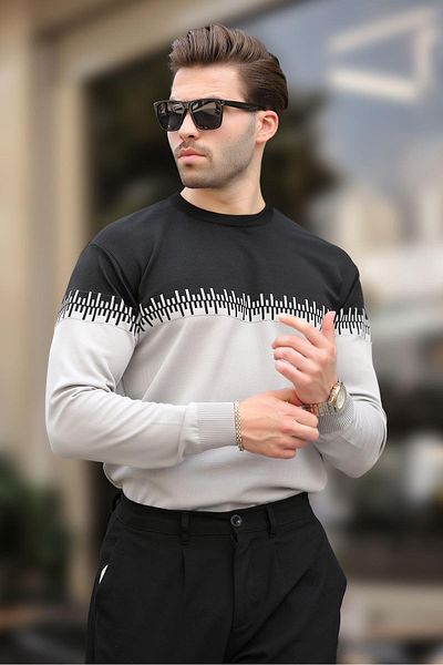 Madmext Pulover pentru bărbați, cu model negru, în două culori, cu gâtul turn, 7276