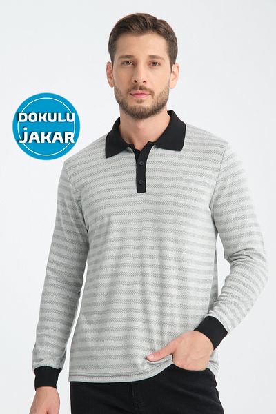 GW Bovec Men's Textured Jacquard Regular Fit Polo Collar Buttoned Knitwear Sweater