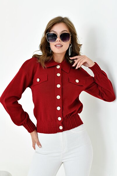 FTZ WOMEN Cardigan de damă cu detaliu de buzunar ornamentat Roșu Claret 20857