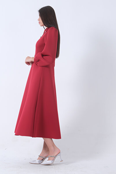 Feminist Claret Red Scuba Collar Stone κεντημένο φόρεμα - 7702140