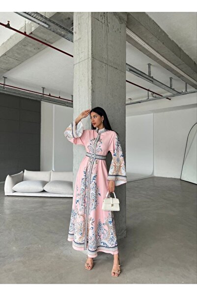 WellWay فستان أطلس وردي - دانتيل مفصل وحزام (يشمل الحزام) 2393 Nhn68