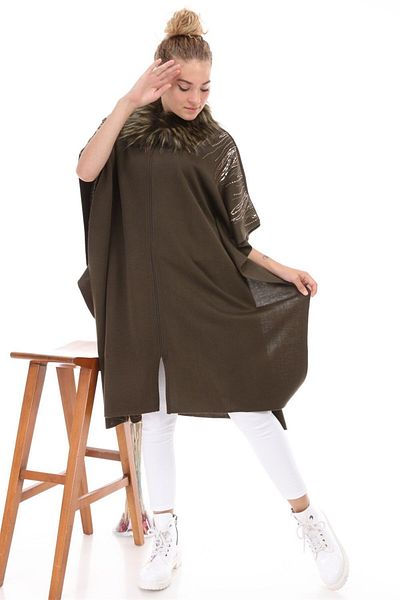 FTZ Women's Collar Fur Detailed Zippered Poncho Khaki 21-1170