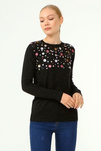 FTZ WOMEN Pulover de damă cu mărgele la piept negru 21-1355