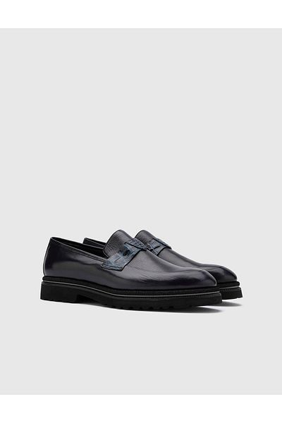 İLVİ Acacia Genuine Deer Buffalo Leather Men's Black Navy Blue Casual Shoes
