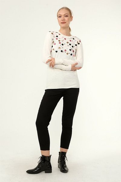 FTZ WOMEN Women's Chest Bead Detail Sweater Bone 21-1355