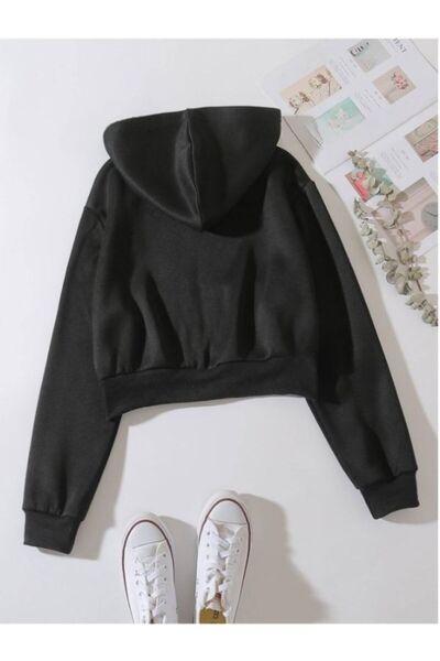 MOONBULL Kadın Oversize Fermuarlı Kapüşonlu Crop Sweat Hırka