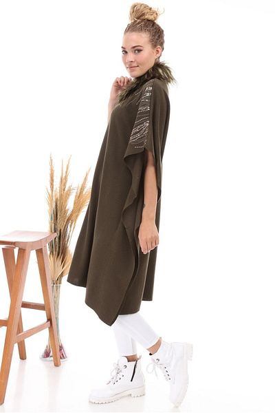 FTZ Women's Collar Fur Detailed Zippered Poncho Khaki 21-1170