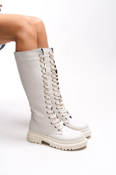 Riccon Qhinobi Damen-Stiefel zum Schnüren unterhalb des Knies – Nude 0012814