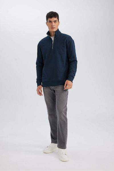 DeFacto Marineblaues 3-fädiges, mit Baumwolle gefüttertes Fleece-Innenseite für Herren, reguläre Passform, Stehkragen, dickes Sweatshirt mit Reißverschluss