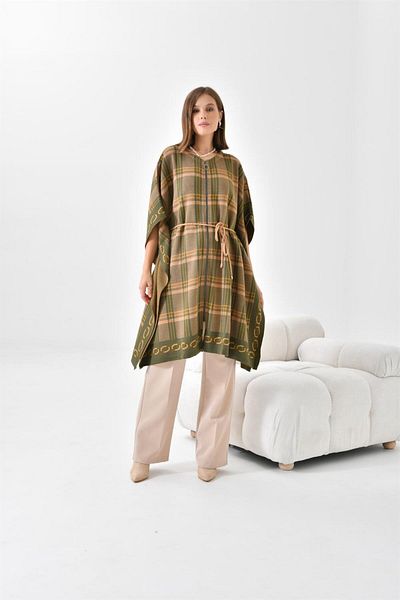 FTZ WOMEN Women's Plaid Detail Poncho Khaki 21-1116